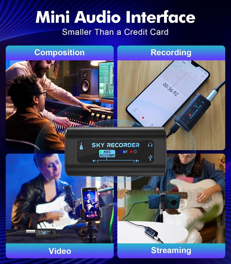 Guitar Audio Interface Pocket Internal Recording Sound Card with Bluetooth, I...
