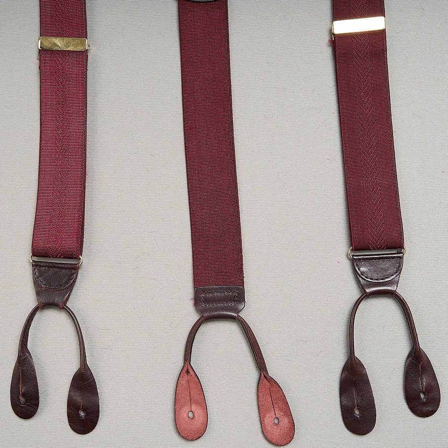 Men's Suspenders Burgundy Stretch Leather Button Ends Adjustable