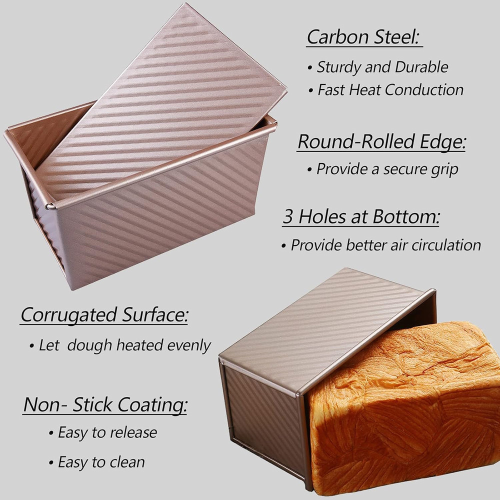 Pullman Loaf Pan with Lid, 1Pound Dough Capacity Rectangular Bread Pan, Non-Stic