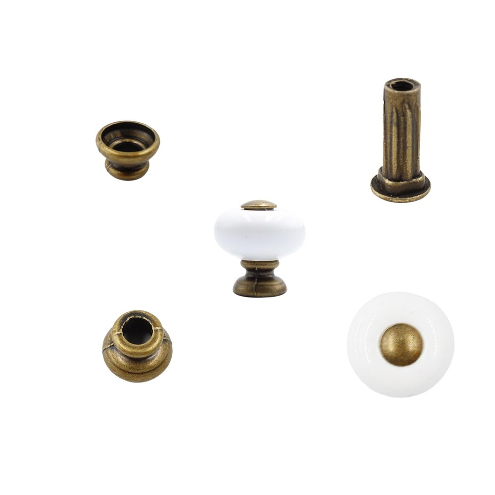 1” Ceramic Round Knobs, Antique Brass and Ceramic Cabinet Knobs, White Fur