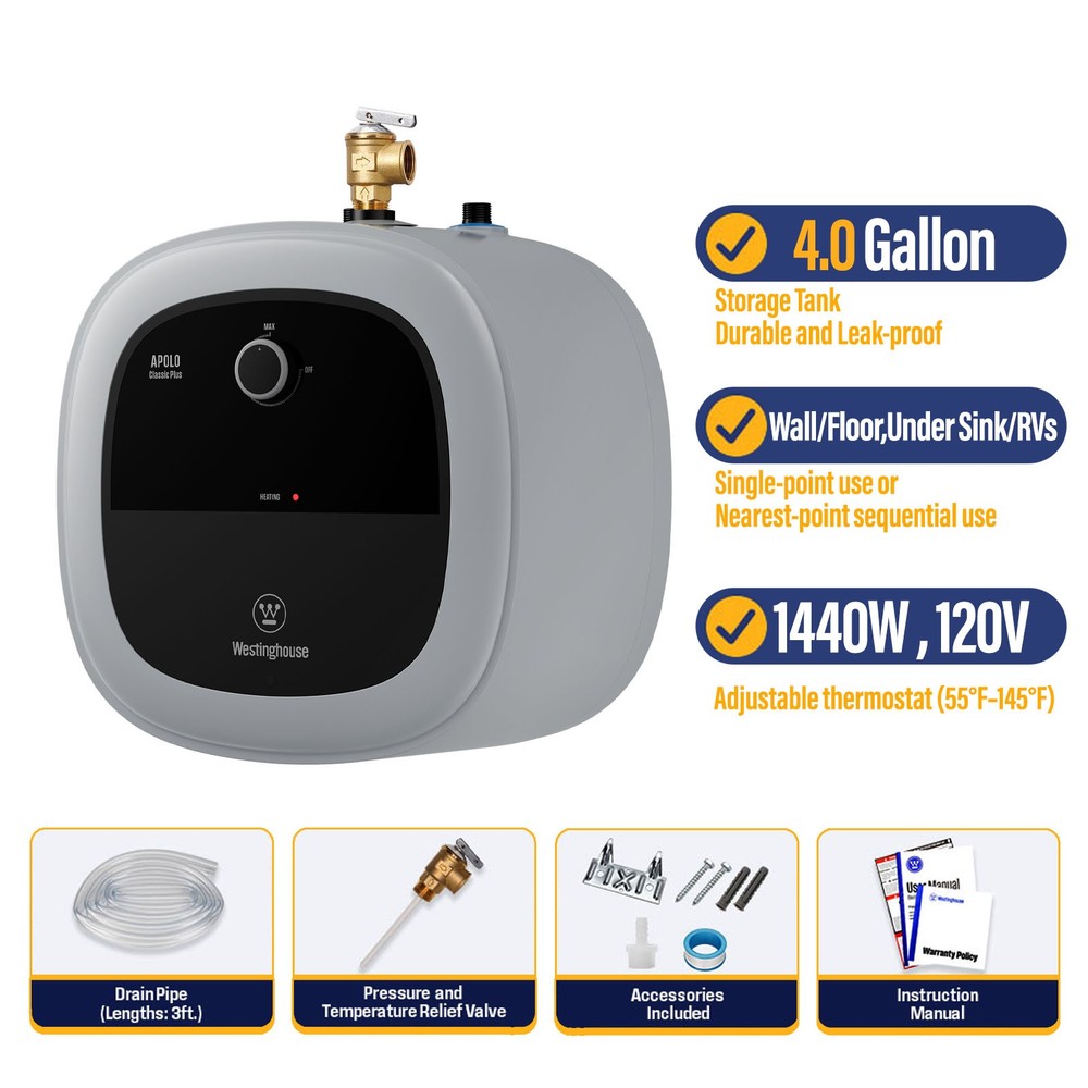 【90% NEW】4 Gallon Electric Mini-Tank Hot Water Heater Compact Point of Use