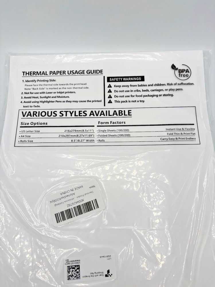 Thermal Printer Paper 8.5" x 11" Folded Continuous Folding Paper, 100 Sheets