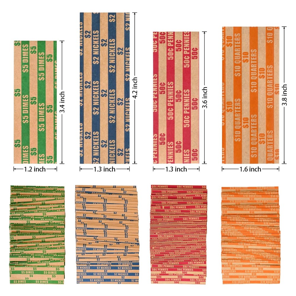 ESSENTIAL 100 pcs Assorted Packed Flat Stripped Coin Wrappers, 100-Assorted