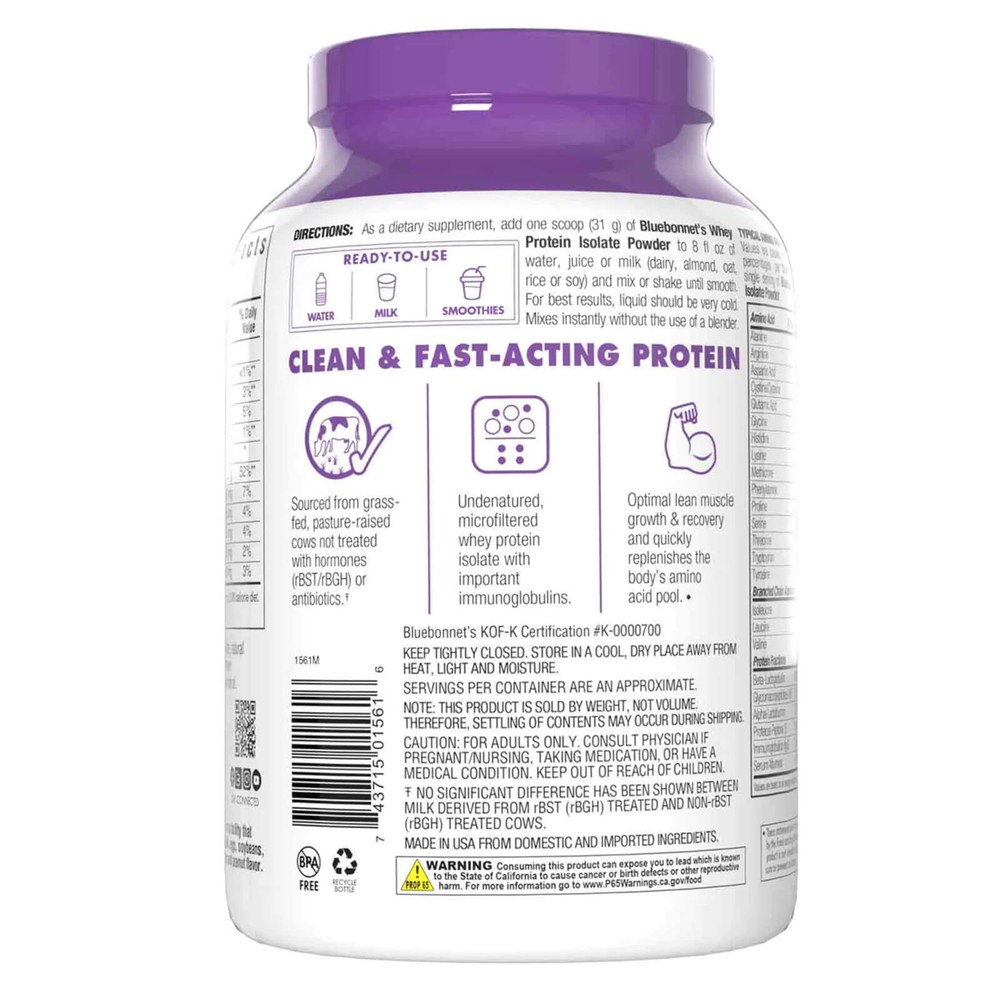 Bluebonnet Whey Protein Isolate Powder Original 2.2 lbs