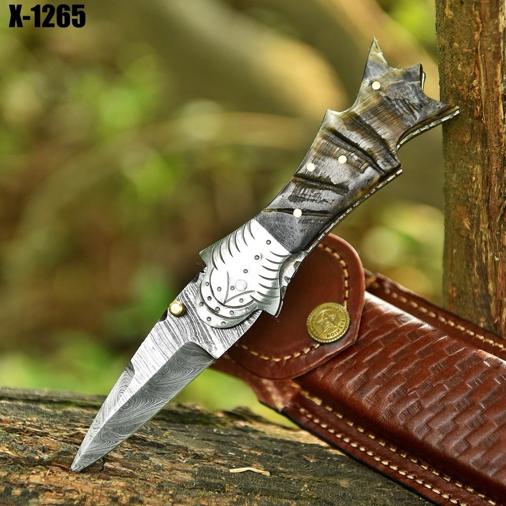 Damascus Folding Dagger Blade Pocket Knife Tactical-Original Ram Horn Handle