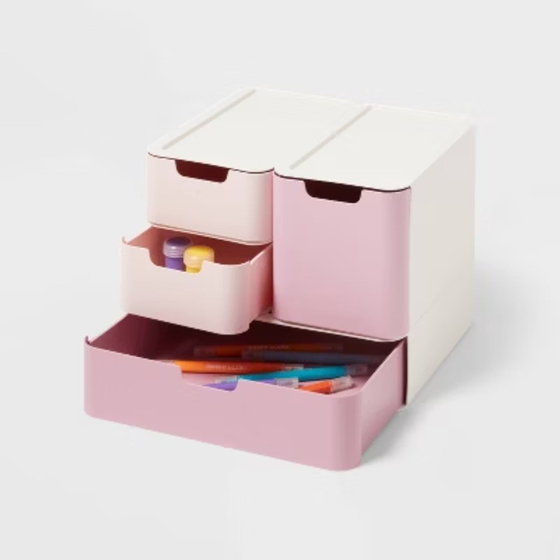 Modular Storage Drawer Set Pink-Features 4 stackable drawers in3 different sizes