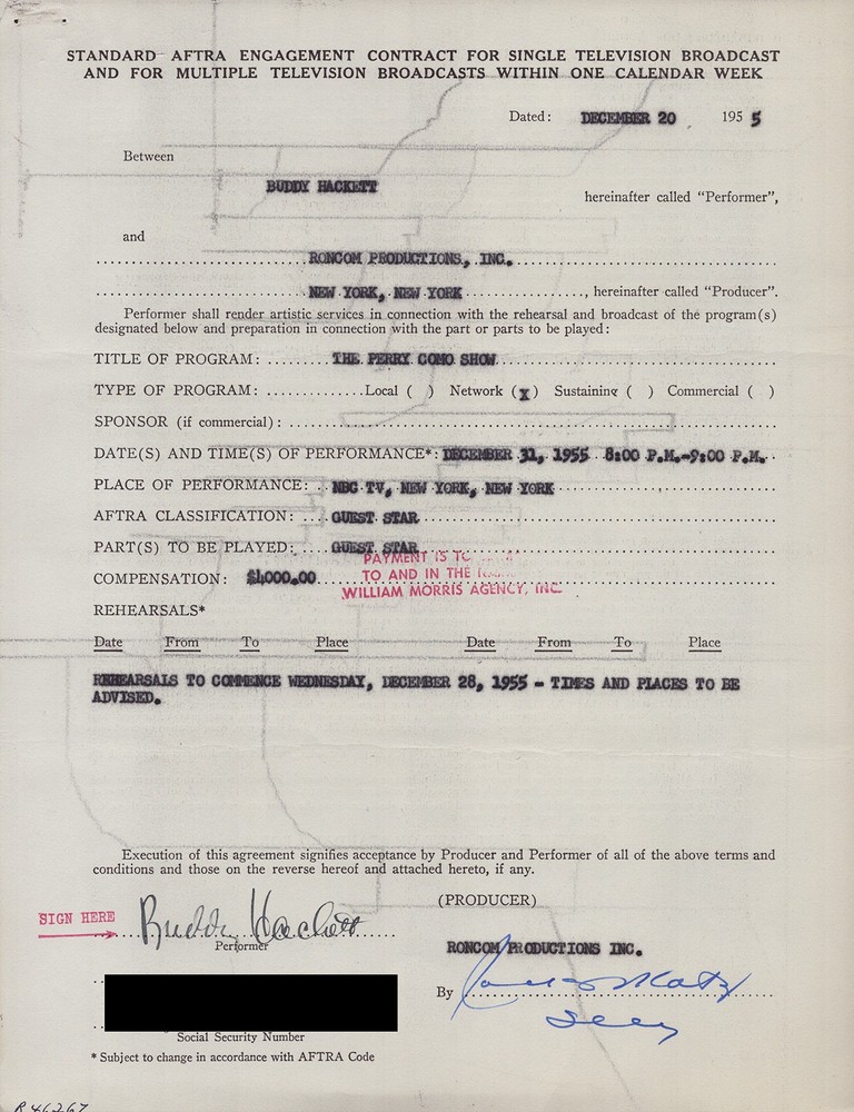 BUDDY HACKETT - CONTRACT SIGNED 12/20/1955