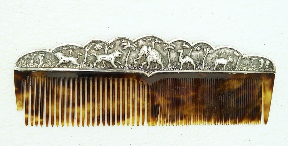 Swami Style Solid Silver Raj India Colonial Comb Figural Elephant Camel Tiger