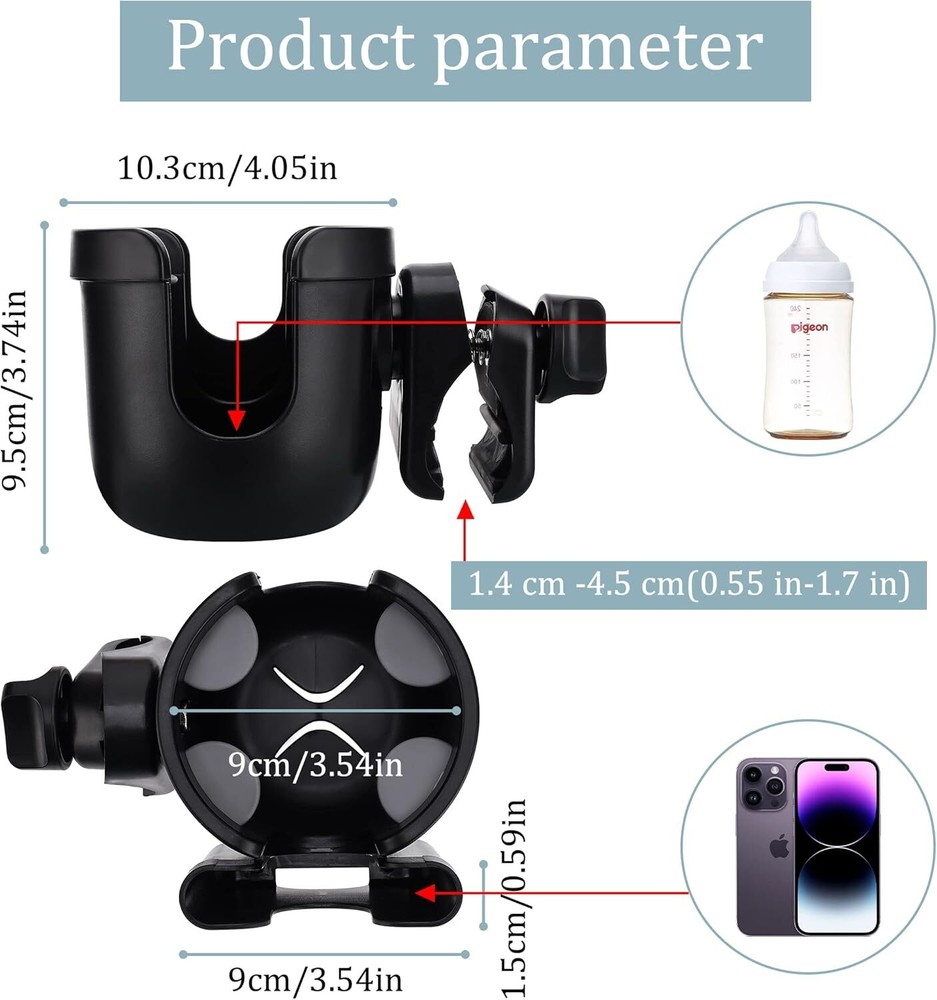 Universal Stroller Cup Holder, Adjustable Drink Holder with Phone Holder