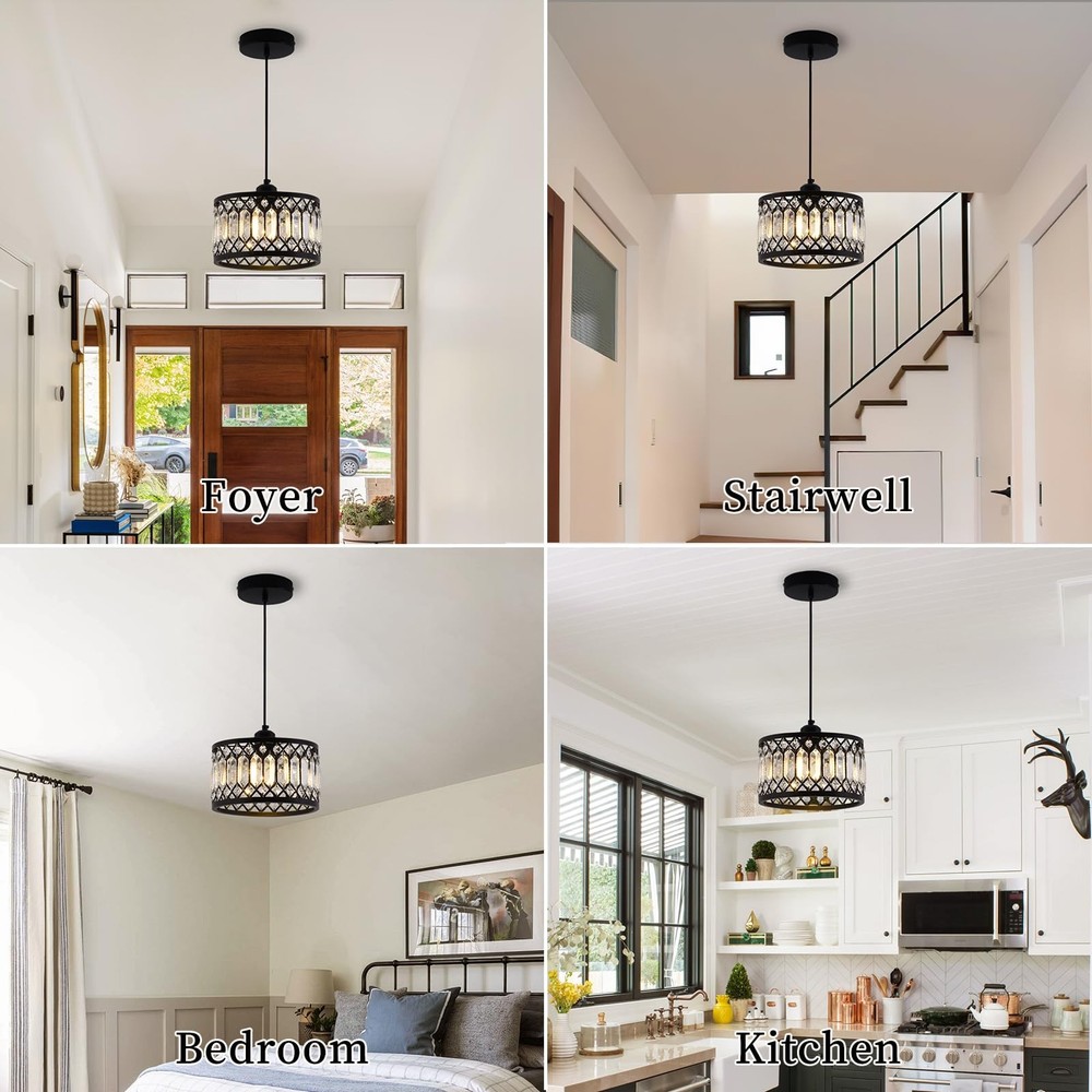 Crystal Black Pendant Light Fixture, Modern Hanging Ceiling Light Adjustable ...