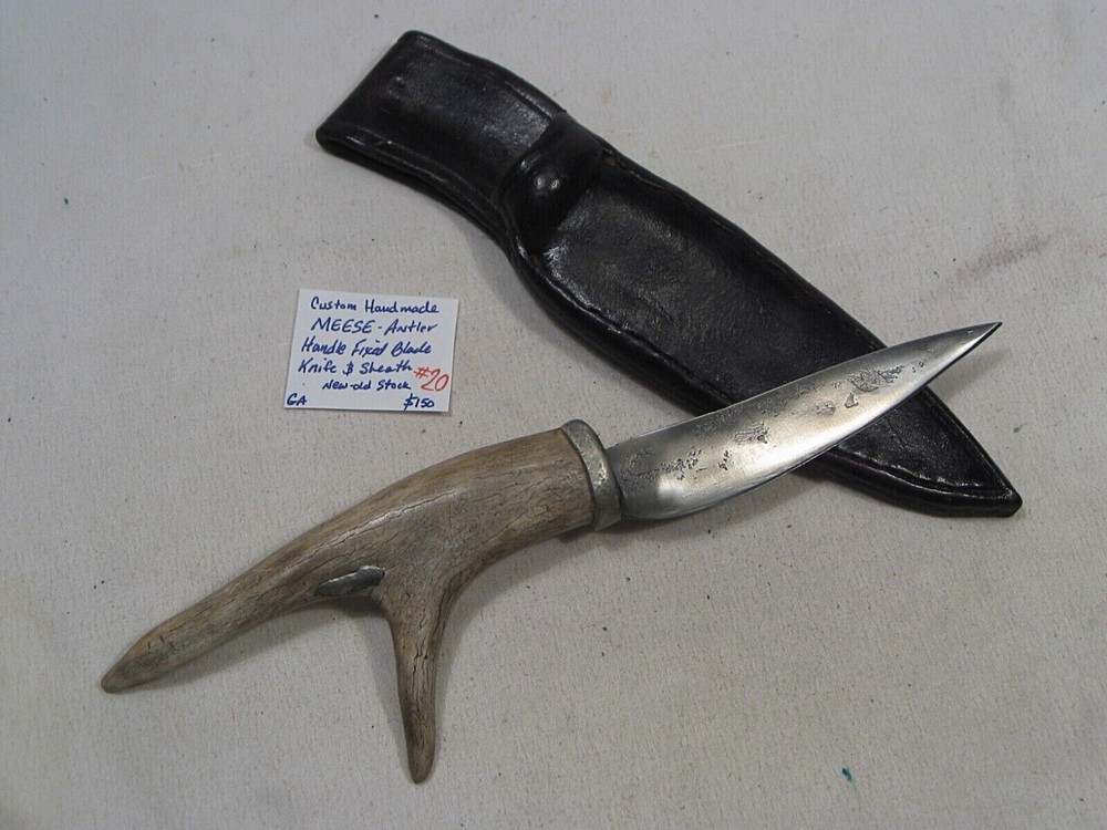 Custom Handmade MEESE Antler Handle Fixed Blade Knife & Sheath.  #20