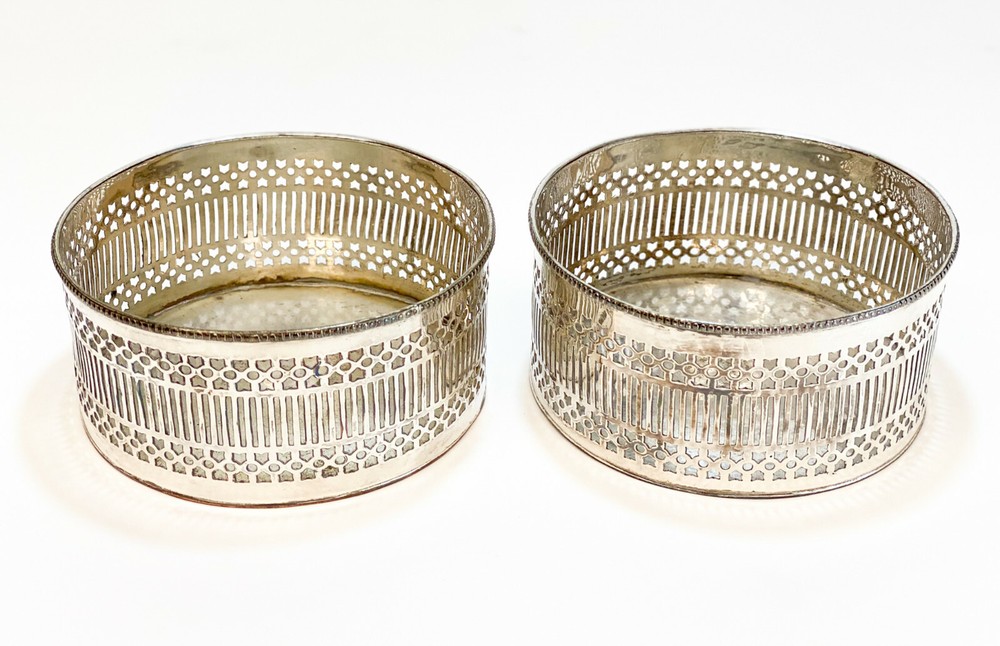 Pair Continental Silverplate Pierced Wine Bottle Holders, 19th Century