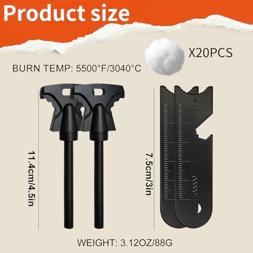 2PCS Magnesium Fire Starter with Striker, High Temp Magnesium Rod, 2 Pack Black