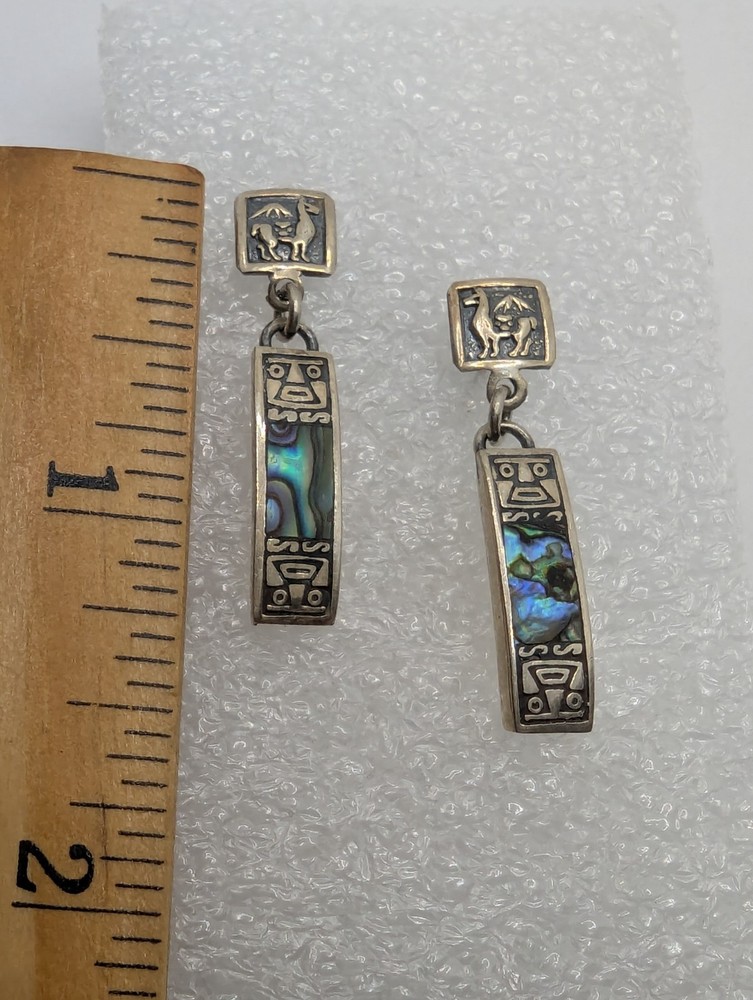 Vintage Ethnic Sterling Silver 925 Abalone Post Dangle Earrings