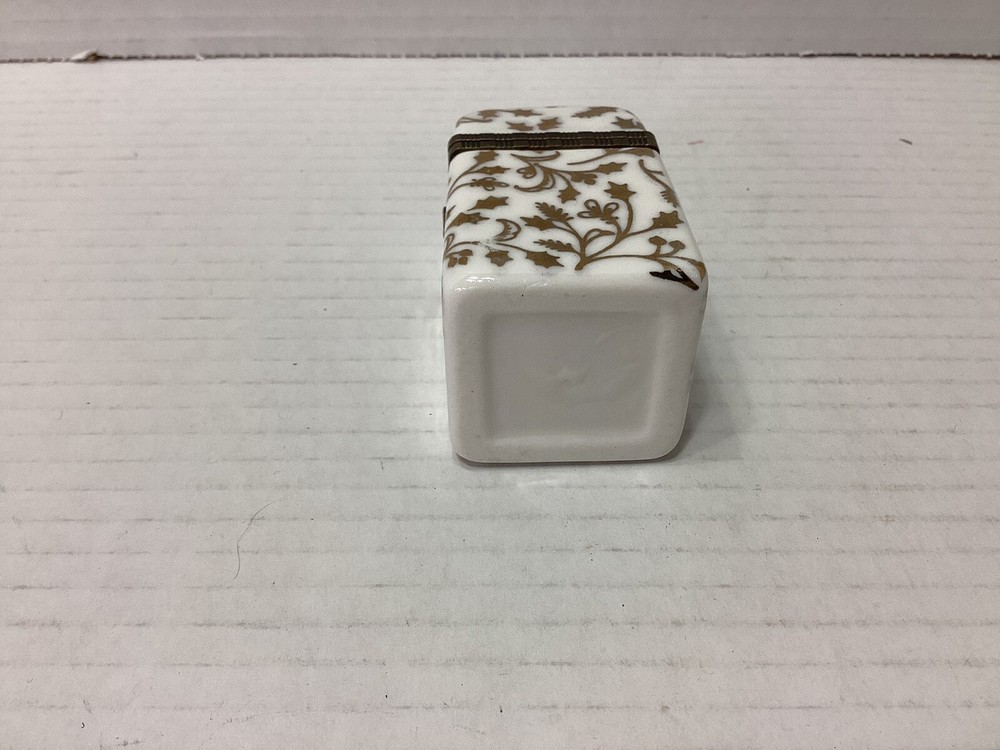 White Ceramic Rectangular Trinket Box Gold Vine Design