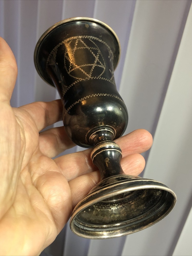 14. Solid Silver Judaica Engraved Vine Kiddush Foot Cup 90g, 5 3/8"
