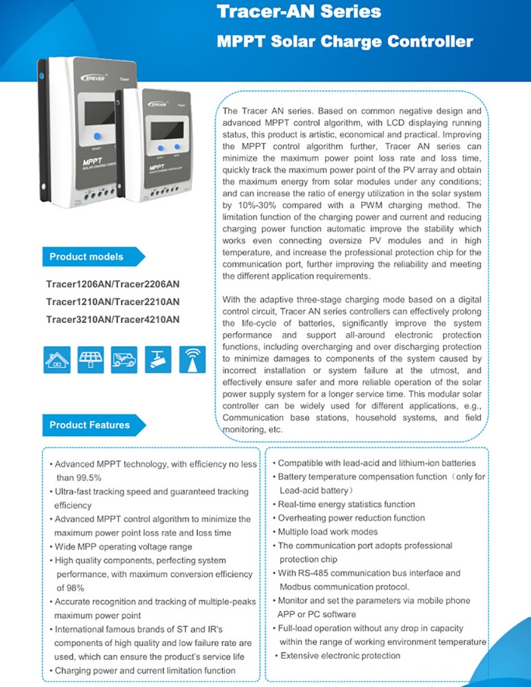 EPEVER MPPT Charge Controller 40A 30A 20A 10A 12V 24V Solar Panel Regulator