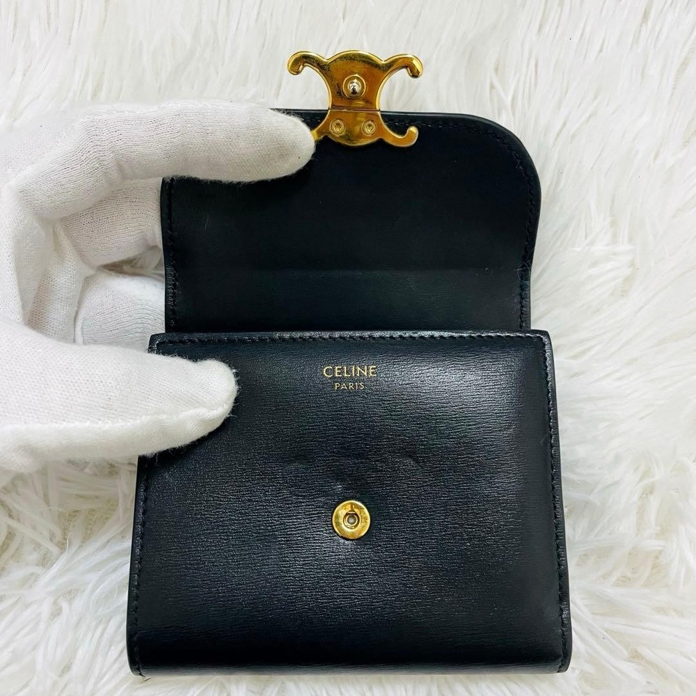 Celine Triomphe Leather Compact Wallet Black Gold