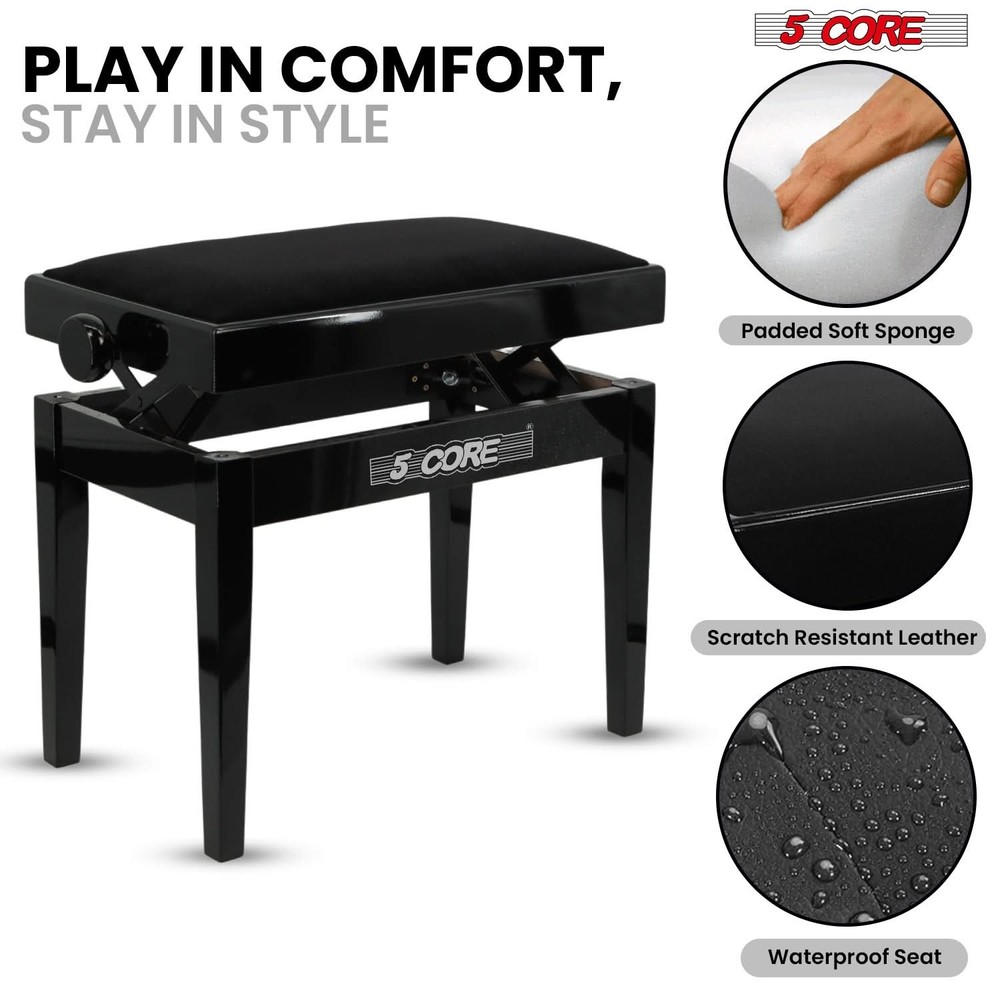 5 Core Piano Bench Height Adjustable Padded Cushion Solid Wood Keyboard Stool