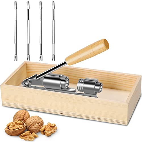Heavy Duty Pecan Nut Cracker Tool with 4 Forks, Wood Handle Base with