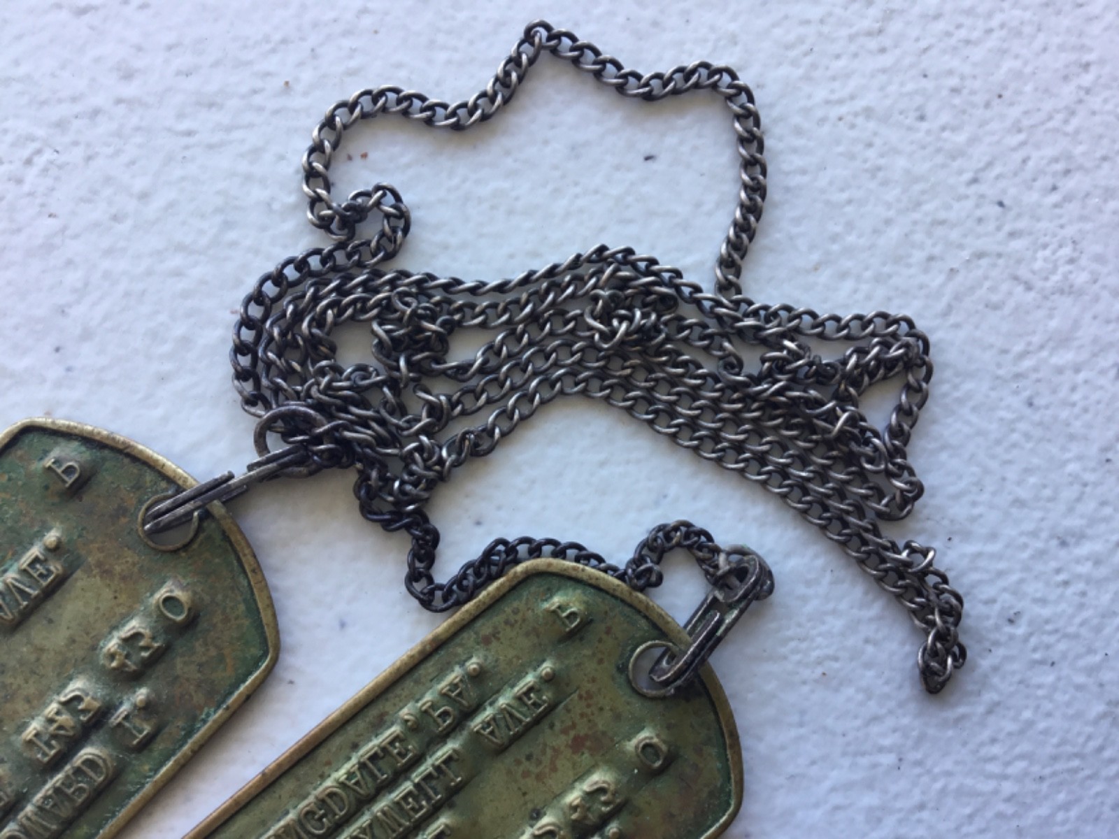 WWII Brass Notched Dog Tags On Sterling J-Hook Chain T-43 P