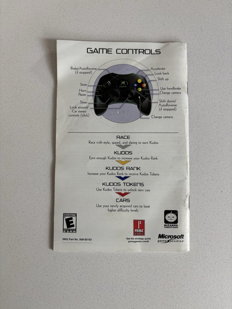 Project Gotham Racing 2 Xbox Instruction Manual Only