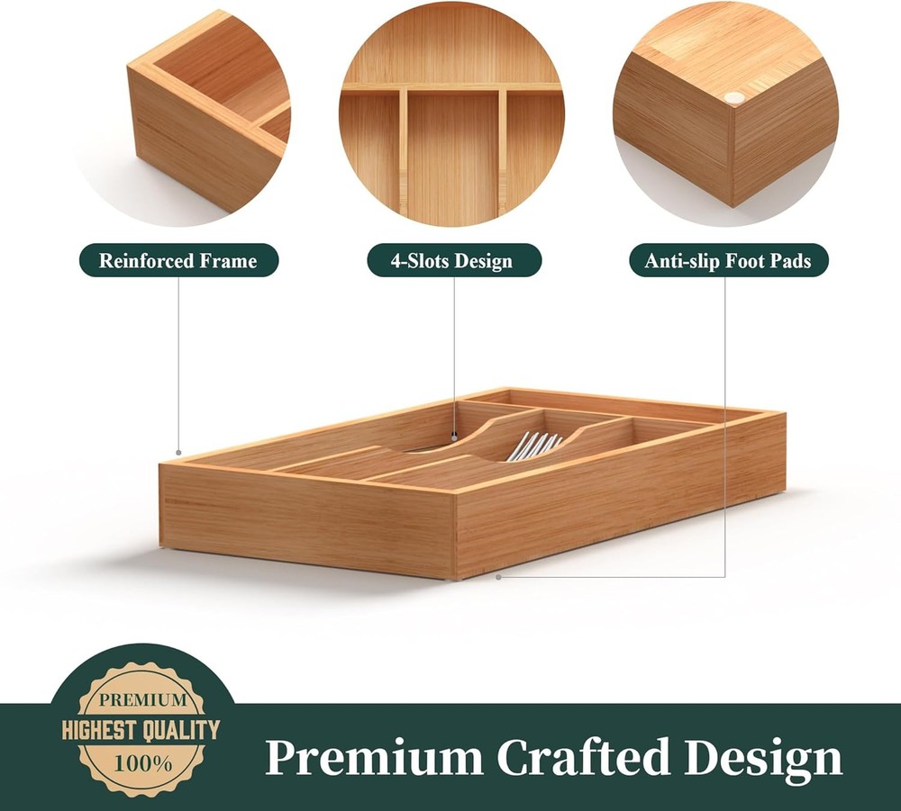 Small Silverware Organizer, Bamboo Kitchen Drawer 12x6.7 Inch, Natural