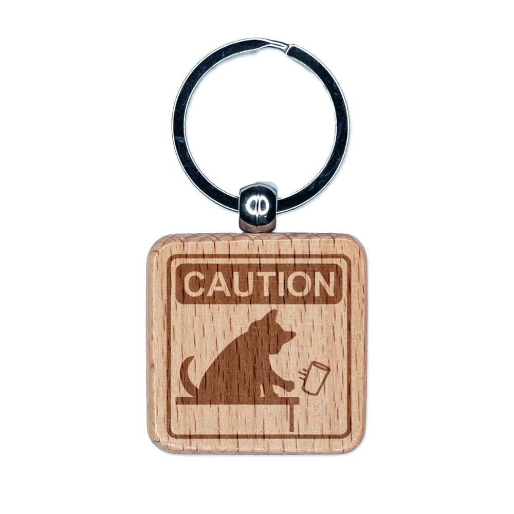Caution Cat Knocks Things Over Engraved Wood Square Keychain Tag Charm