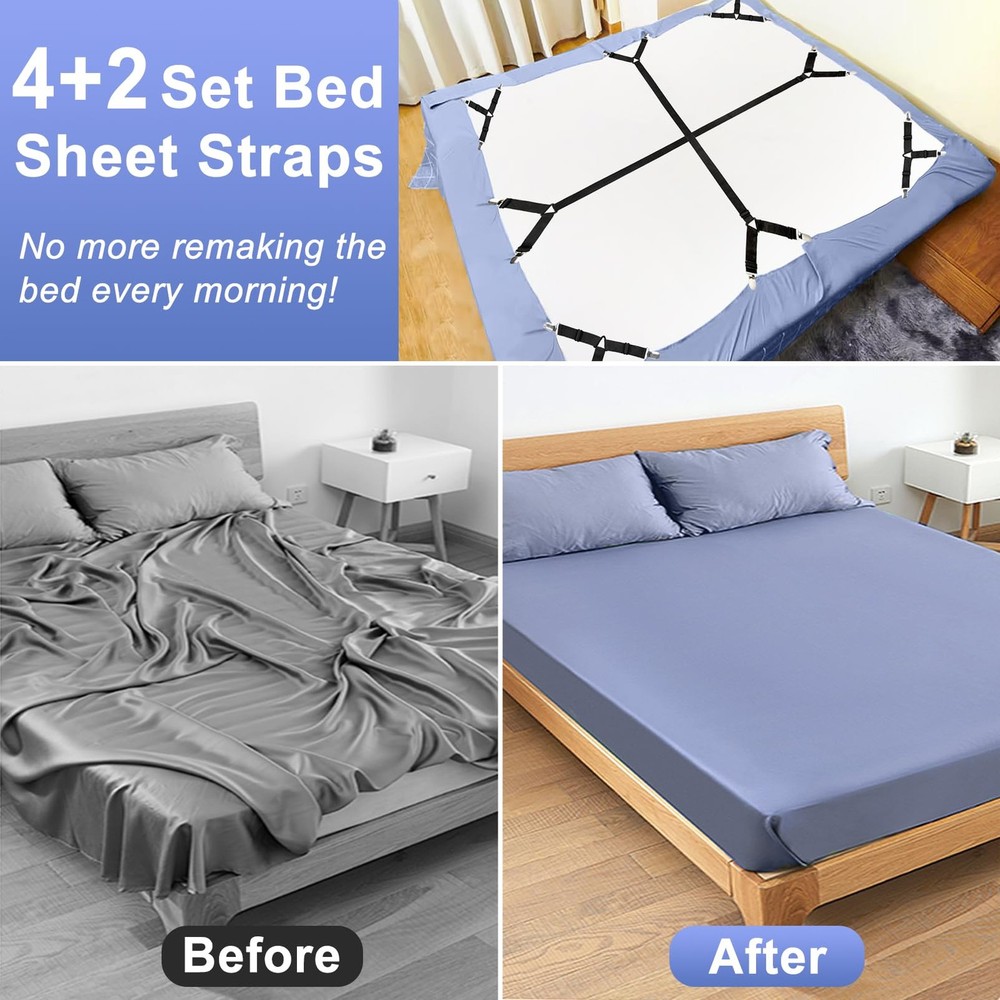 Bed Sheet Straps, 6 Pack Fitted Bed Sheet Fasteners Clips Adjustable Crisscross