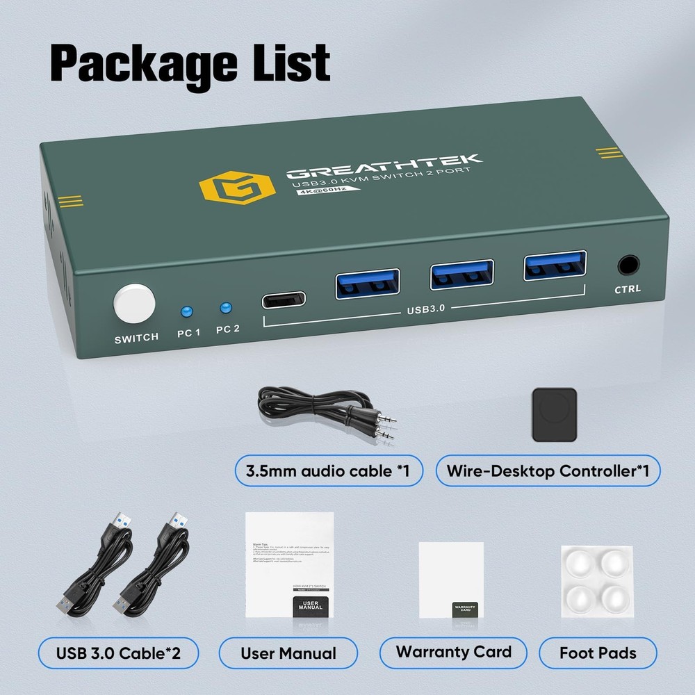 USB3.0 KVM Switch 2 Port HDMI, 4K@60Hz KVM Switch 1 Monitors 2 Computers with...