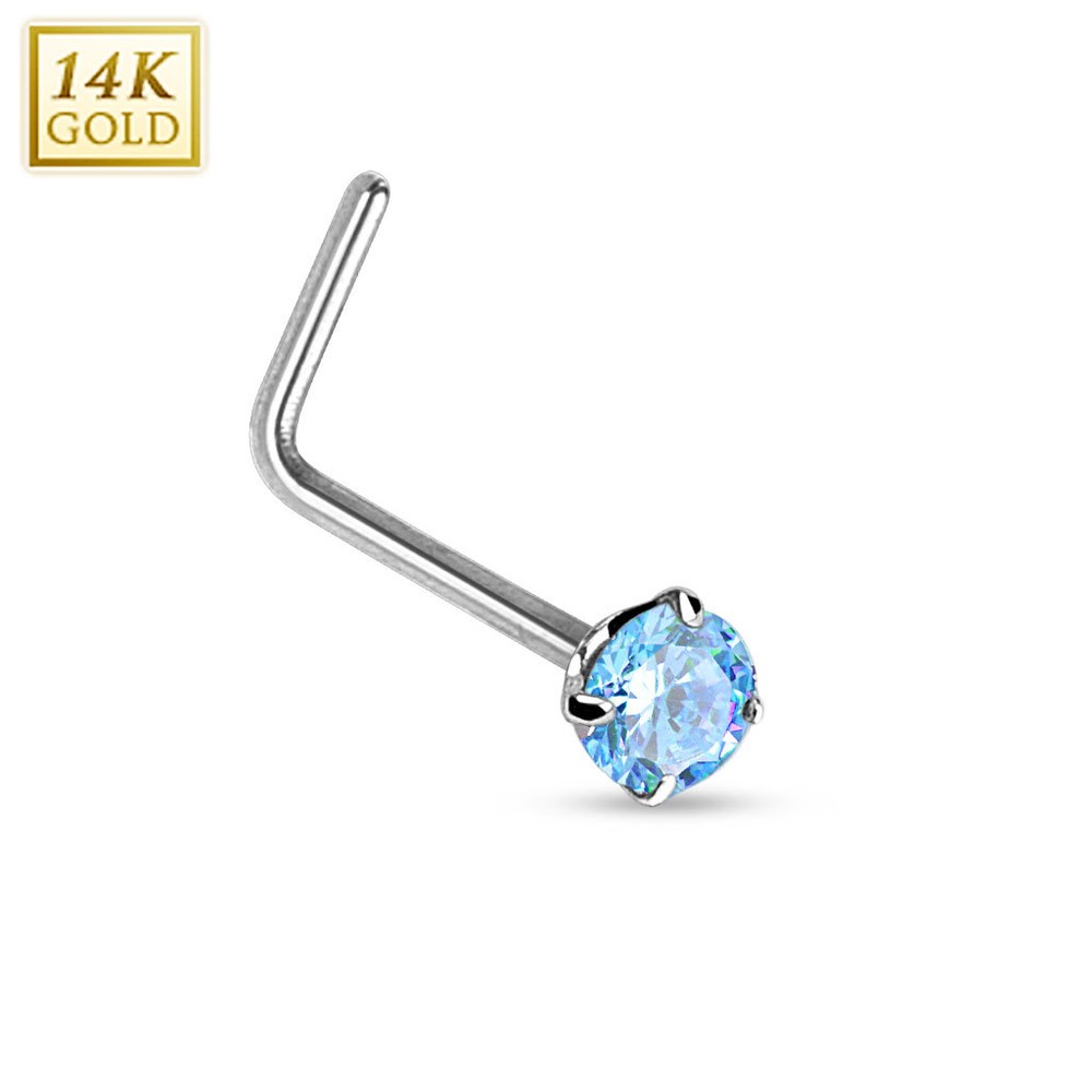 14K Solid White Gold Prong CZ L Bend Nose Stud Ring 20g 1/4"
