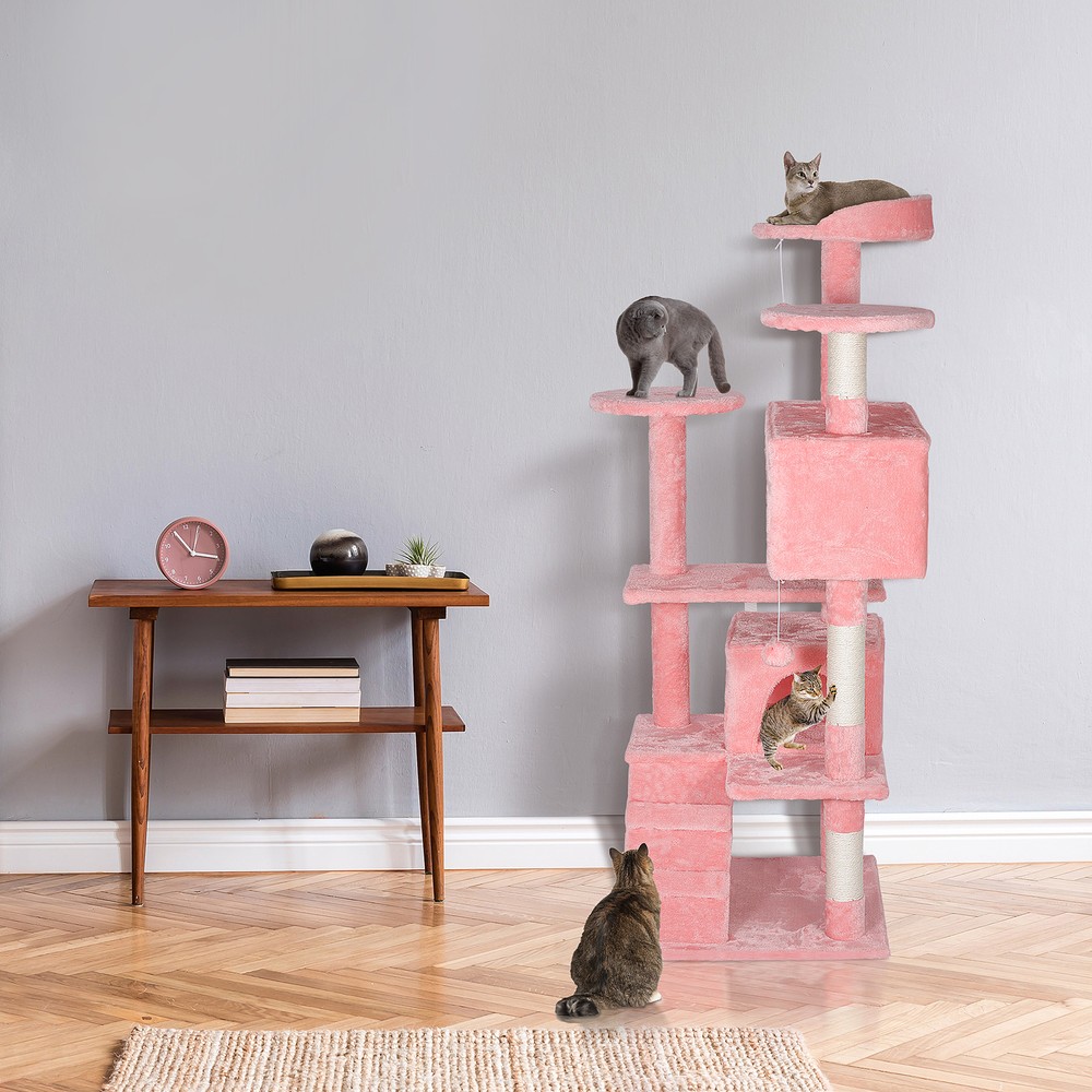 55 Inch Multi-Level Cat Tree Tower Kitten Condo House with Scratching Posts Pink