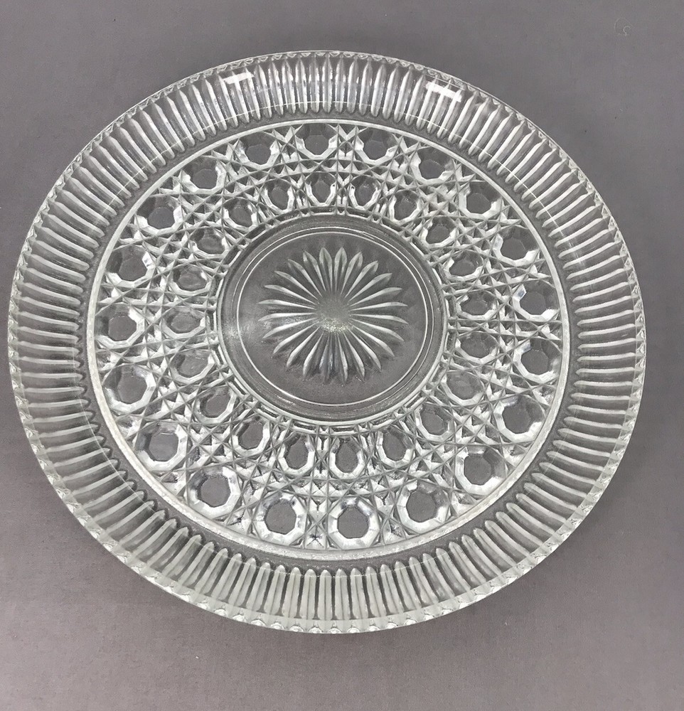 Vintage Pressed Glass Platter Diamond button Pattern 11" Cake Clear Beautiful