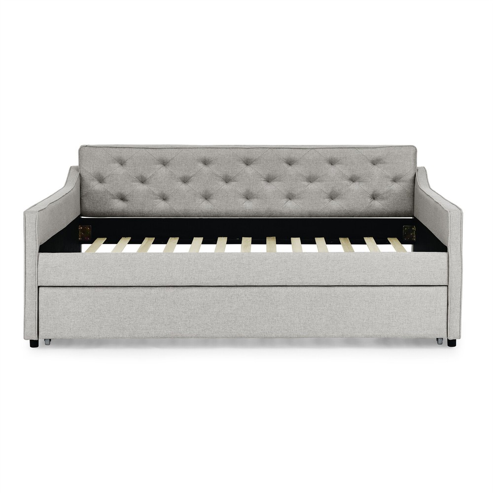 Full Size Daybed with Pull Out Trundle Bed Linen Upholstered Bed Frame Sofa Bed