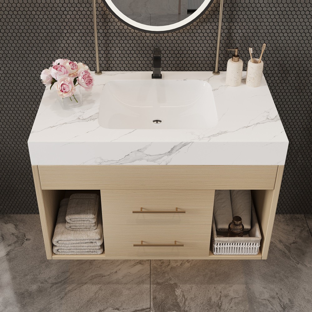 29.9" Modern Floating Bathroom Vanity with Sintered Stone Top &Ceramic Sink