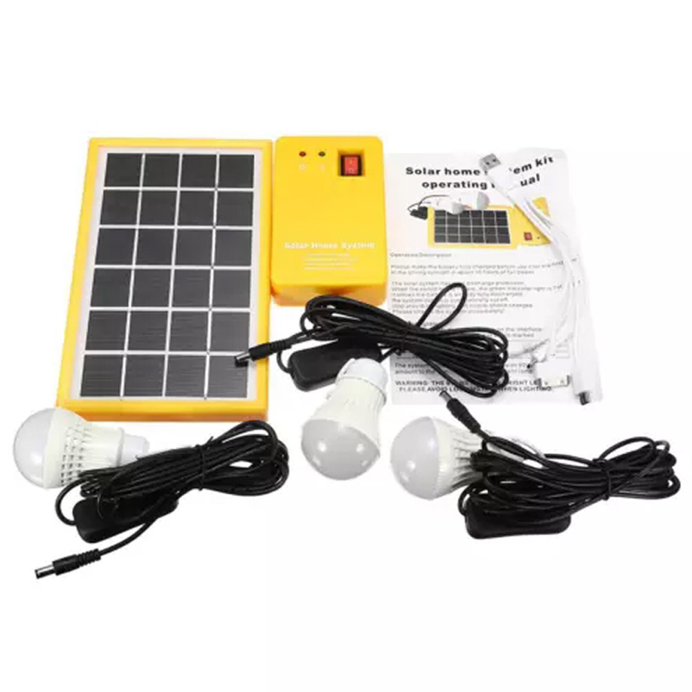 5V Solar Power Panel Generator Kit USB Charger Home System 3×LED Bulbs LightOl