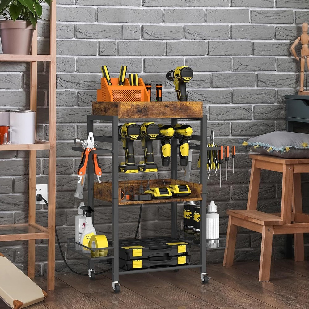 Power Tool Organizer Open Tool Chest w/Wheels Charging Station Workshop Garage