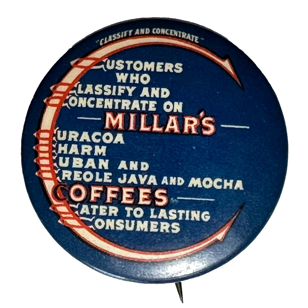 Millar's Curacoa Coffees Curacoa Mocha Java c1900s 1.25" Celluloid Pinback