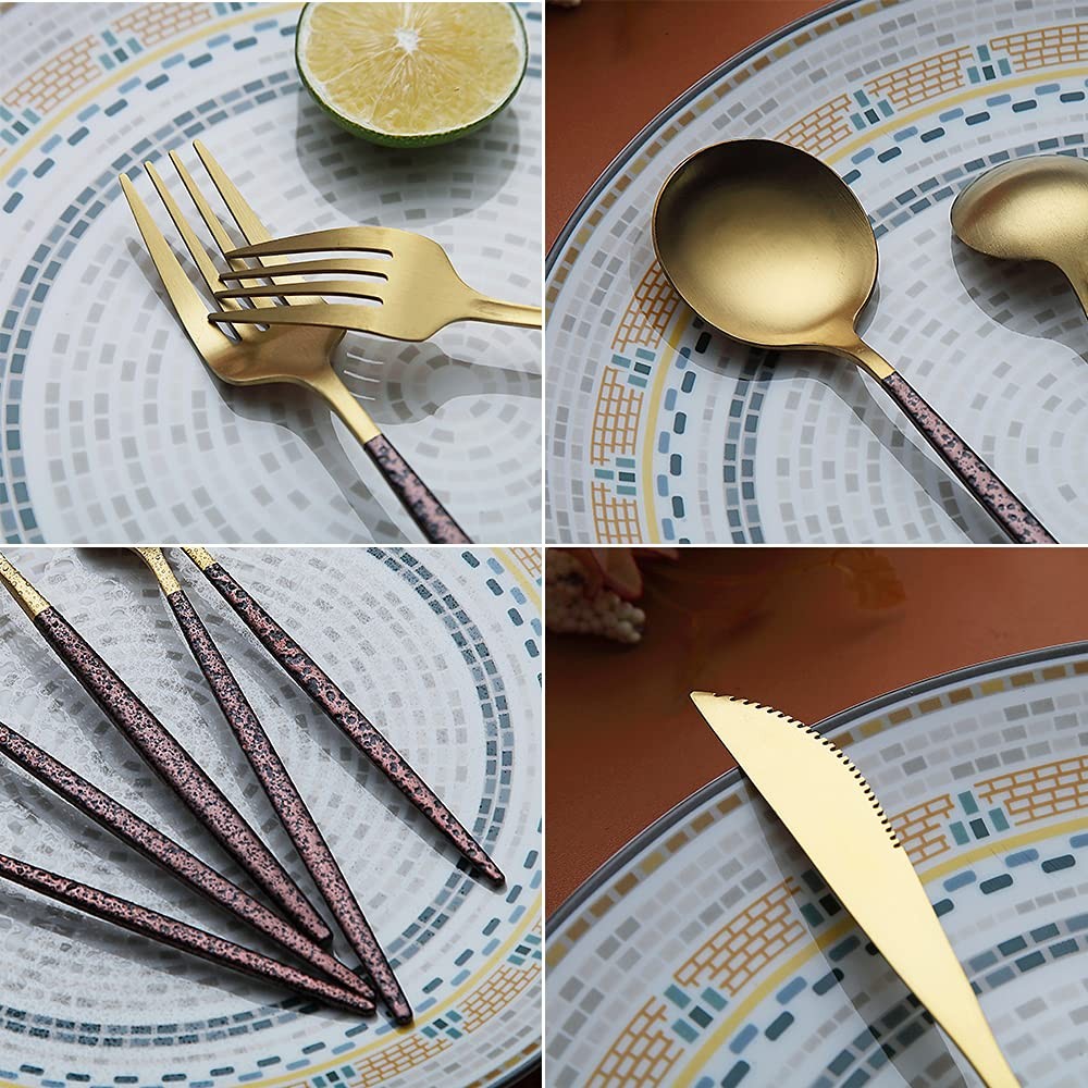 Silverware 20 Pieces Moon Surface Handle and Matte Gold Head Flatware Stainle...
