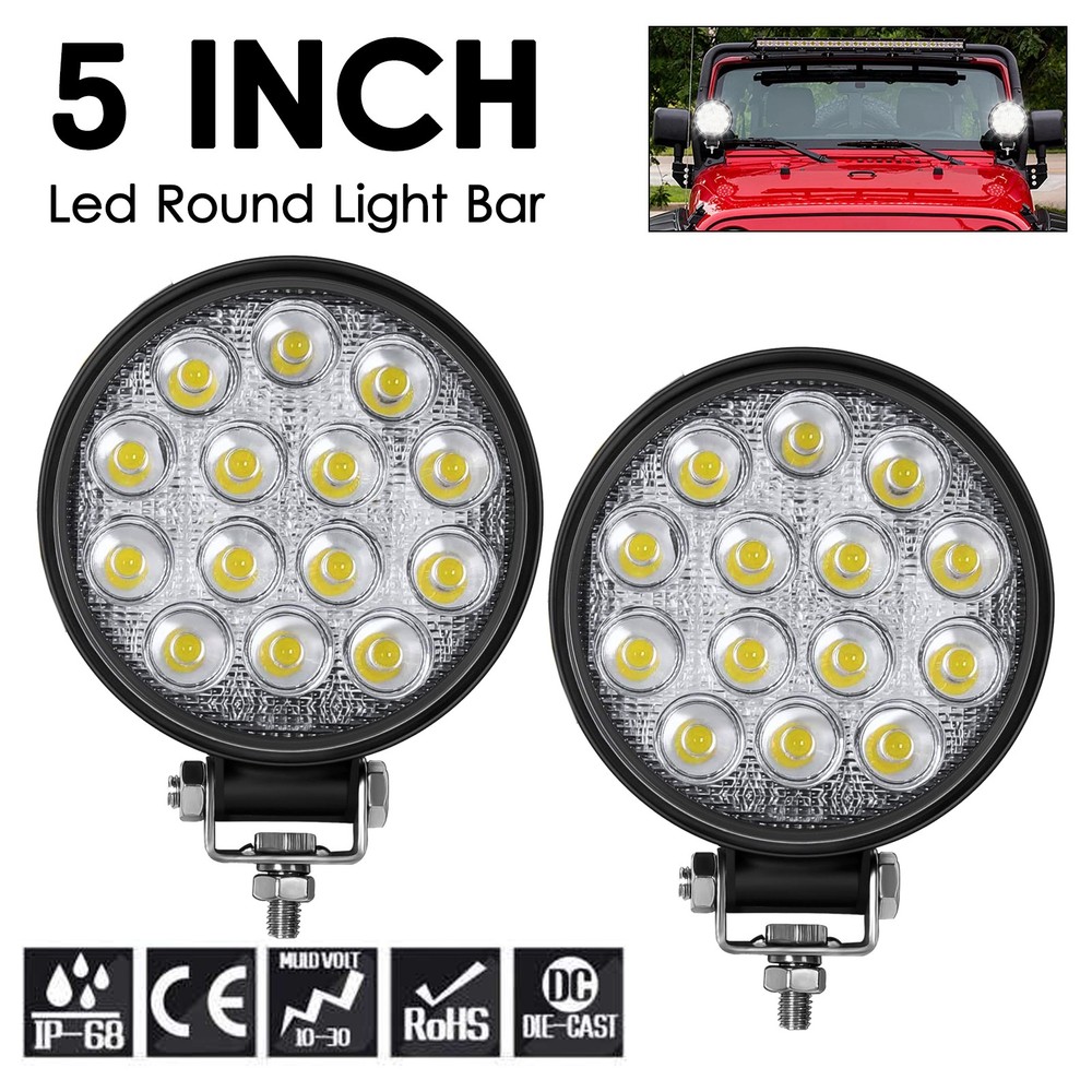 2Pcs 5'' Round LED Work Light Bar Flood Pods Off Road Fog Driving SUV ATV Truck