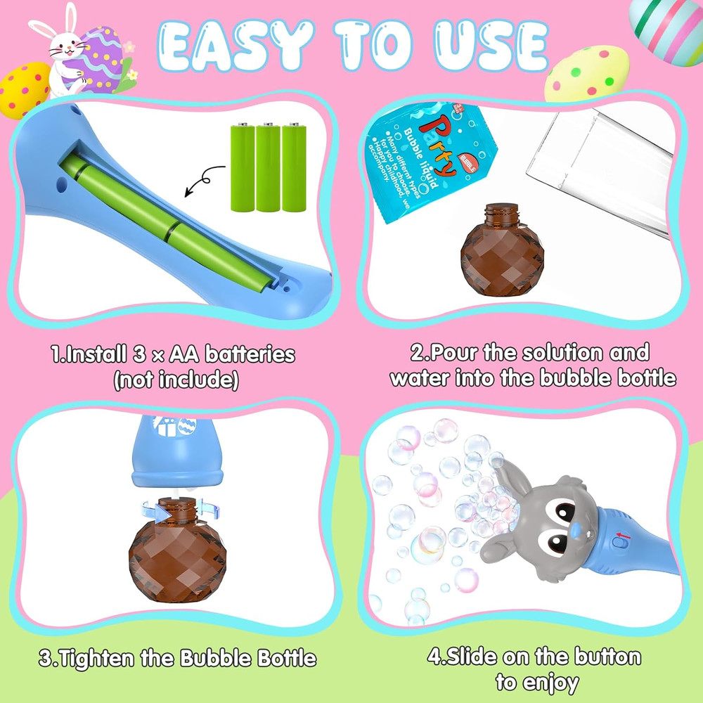 Easter Bubble Wand for Kids 2-Pack, Bunny Bubble Machine with LED Light, Bubble