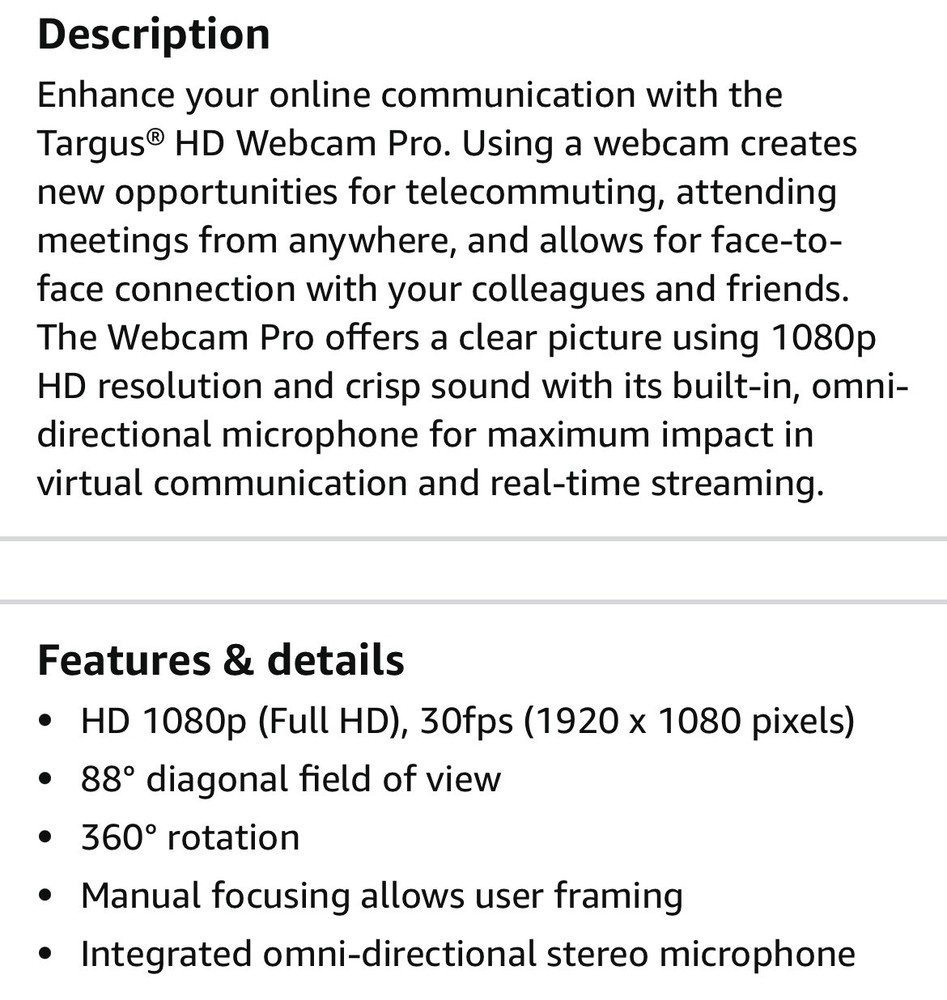 Targus HD Webcam Pro AVC041GL Black