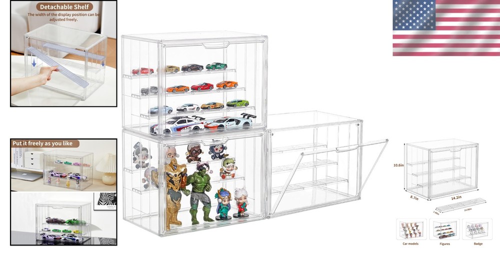 Adjustable Acrylic Display Case 3 Pack, 4-Layer, Magnetic Door, Stackable, Hobby