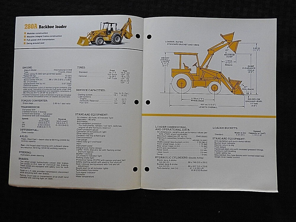 1978 INTERNATIONAL HARVESTER 280A BACKHOE LOADER TRACTOR SPECIFICATIONS BROCHURE