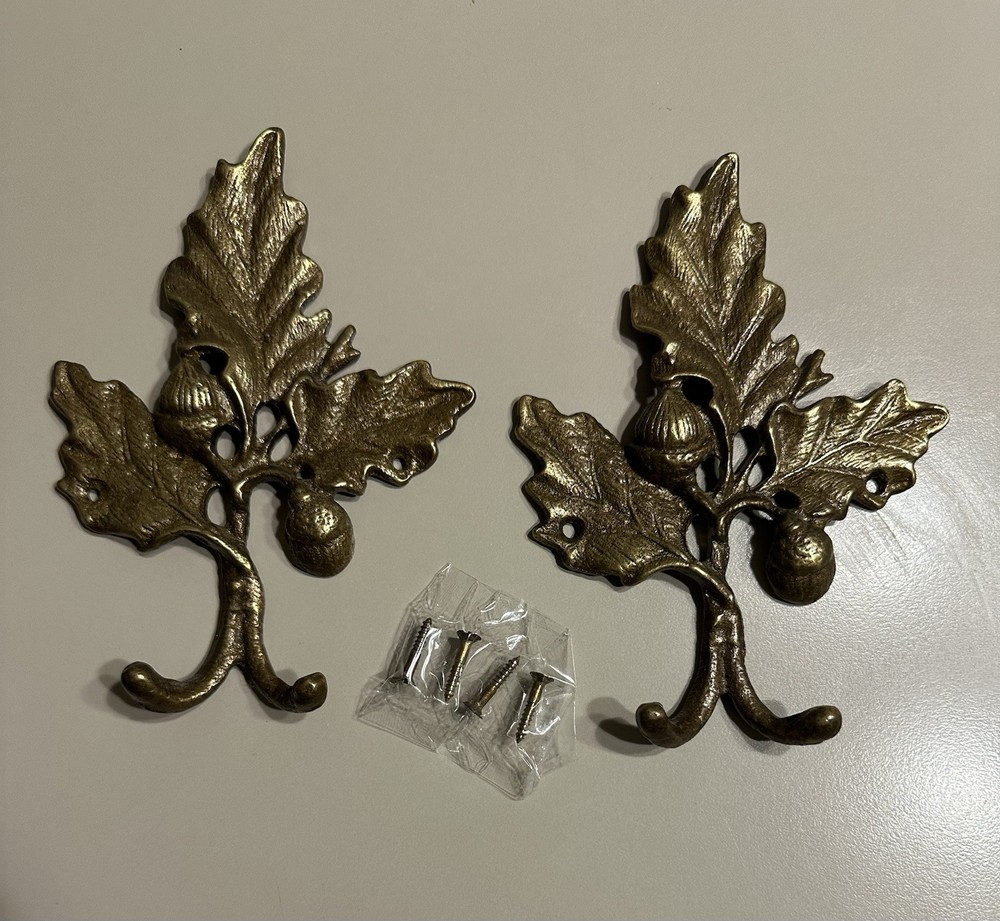 Vintage Pair Solid Brass Double Hanger Hooks Leaves & Acorns Decorative Hardware