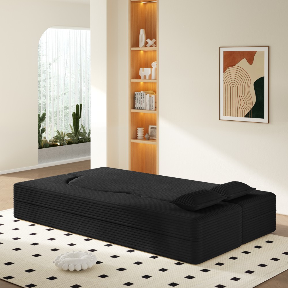 Corduroy Twin Floor Sofa Bed w/ 2 Pillows, Foldable Sleeper Couch, Black