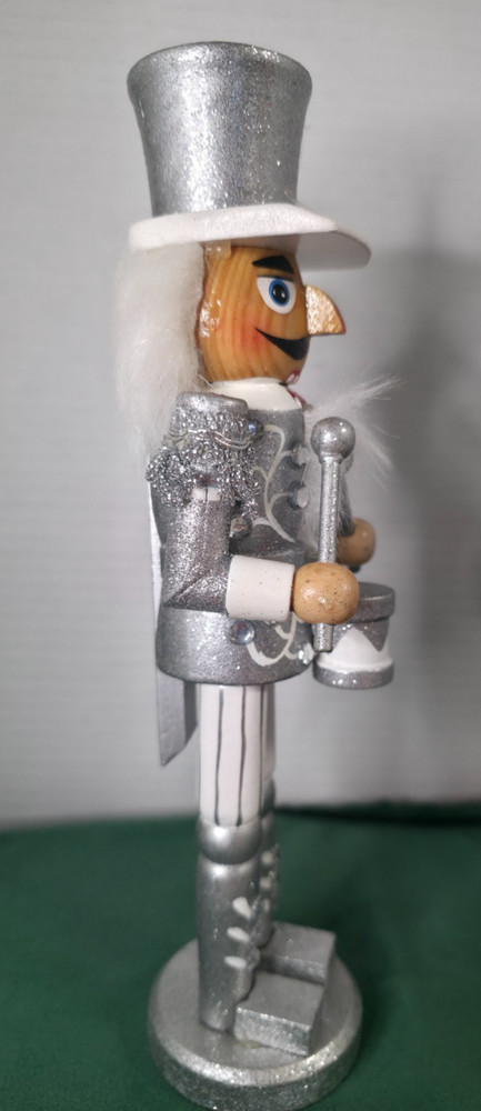 Silver & White Drummer Nutcracker – 10" – Glitter & Rhinestones – Boxed