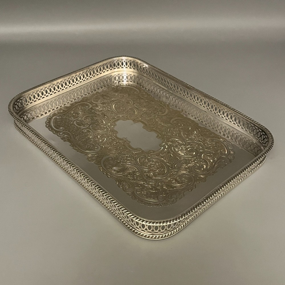 Vintage Silver Plated Gallery Tray Rectangular English Drinks Display on Brass