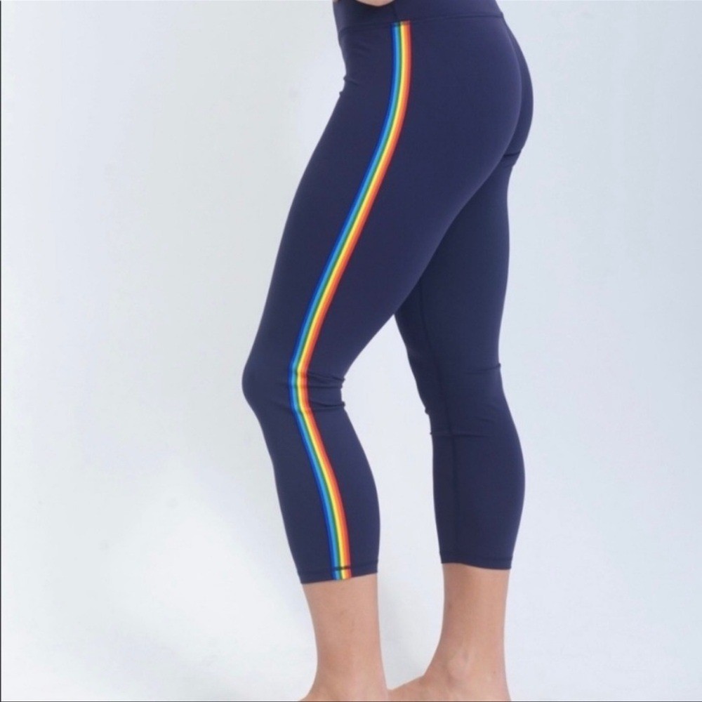 Zyia Medium Rainbow Stripe Multicolor Crop Leggings Navy Blue
