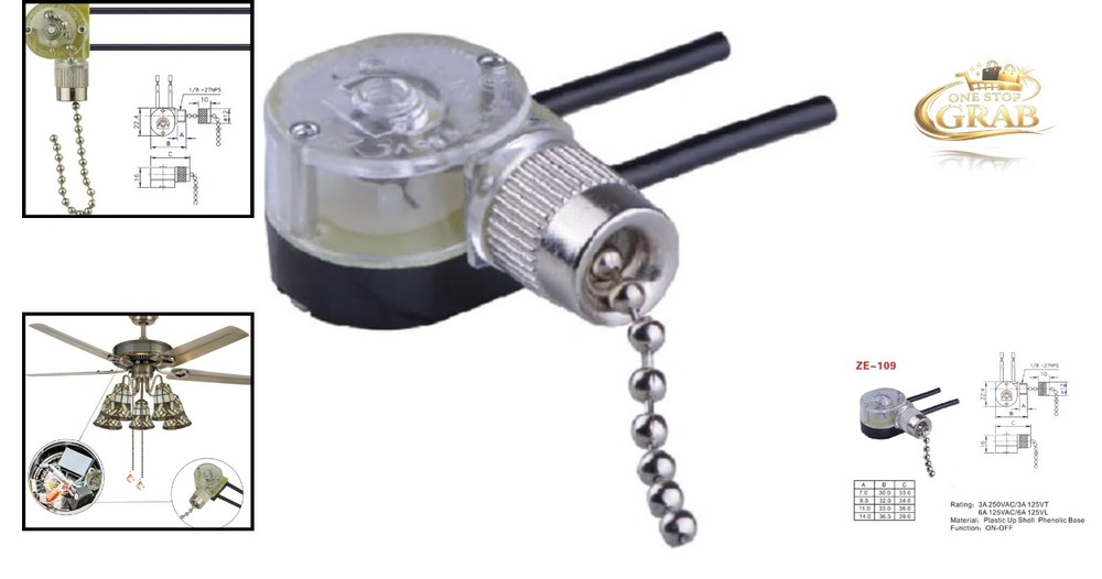 Silver Ceiling Fan Light Pull Chain Switch On-Off 2-Wire Certified